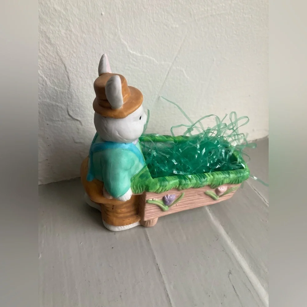 Ceramic Easter Bunny Rabbit Pushing Wheelbarrow